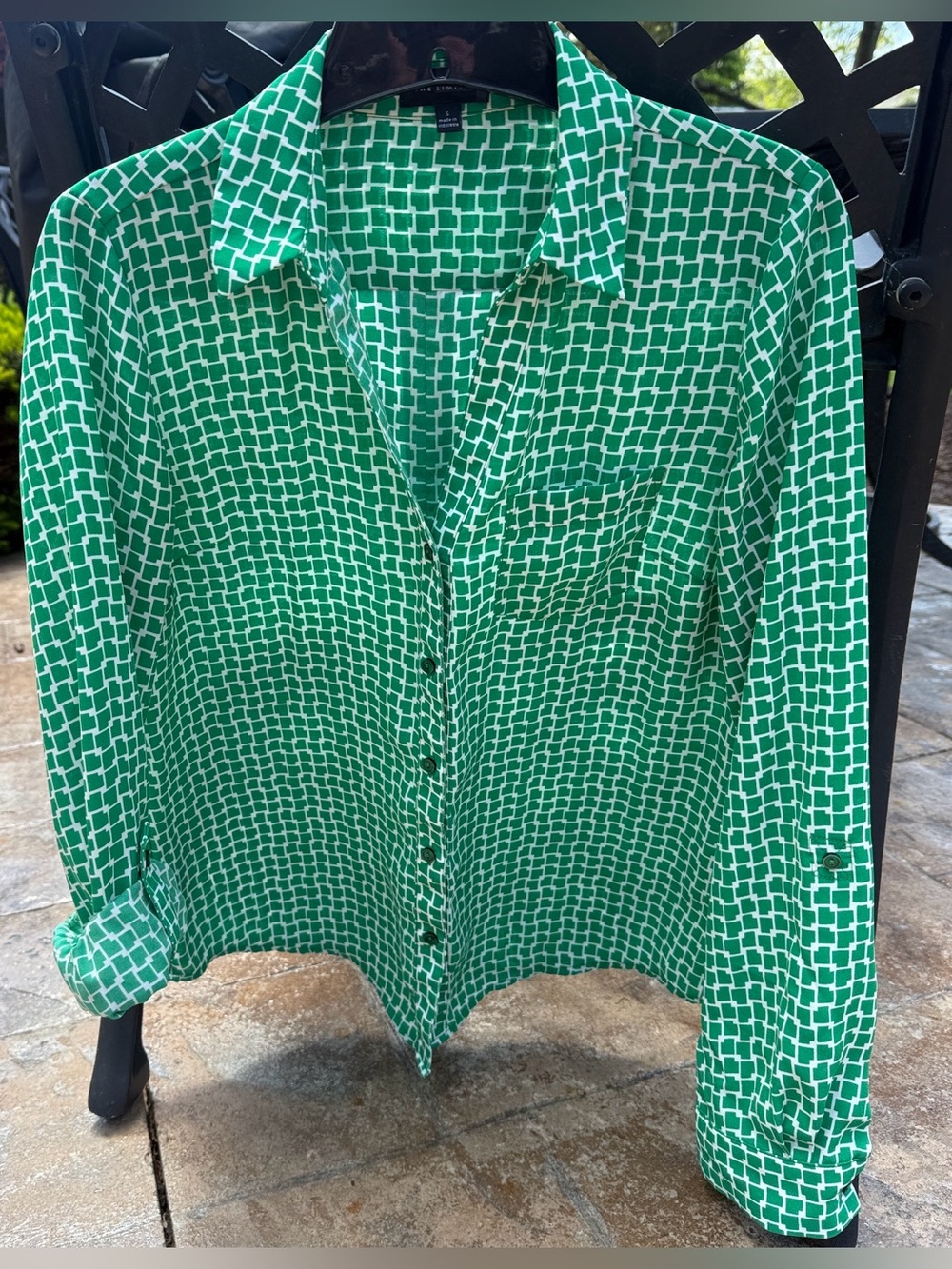 The Limited Green and White V Neck Geometric Blouse Small